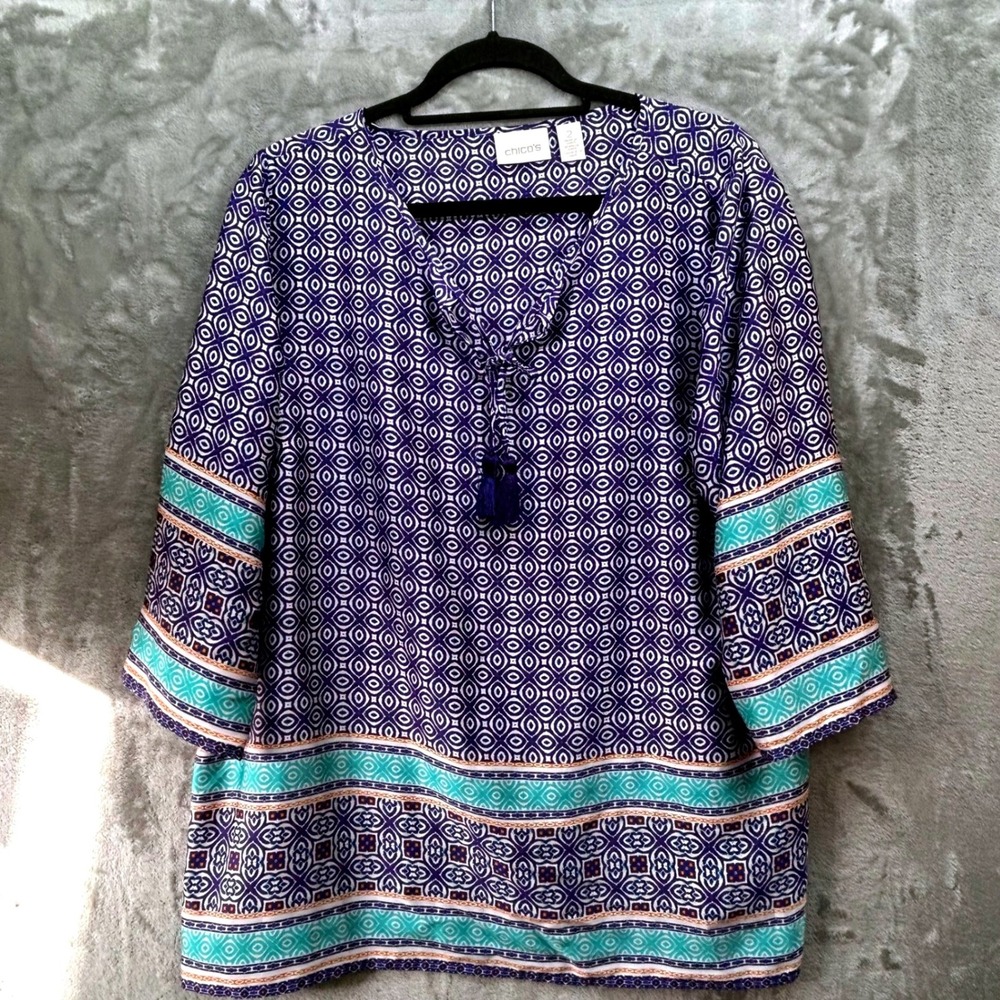 Chicos Blue Geometric Tassel Tunic Top Womens Size 2 Large 3/4 Sleeve Boho